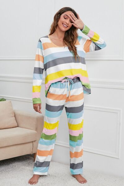 Blue Zone Planet |  Striped Round Neck Long Sleeve Top and Drawstring Pants Lounge Set BLUE ZONE PLANET