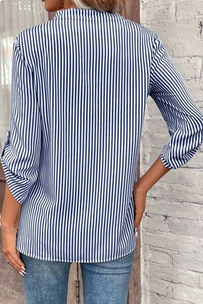 Striped Notched Roll-Tab Sleeve Shirt BLUE ZONE PLANET