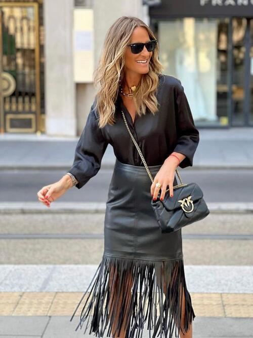 High Waist Fringe Hem Skirt BLUE ZONE PLANET