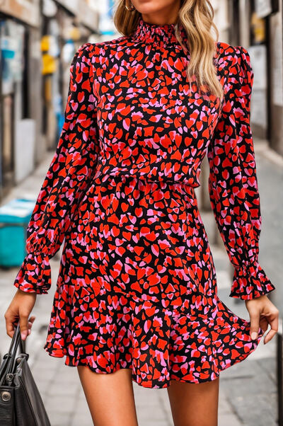 Blue Zone Planet |  Heart Printed Mock Neck Flounce Sleeve Dress BLUE ZONE PLANET