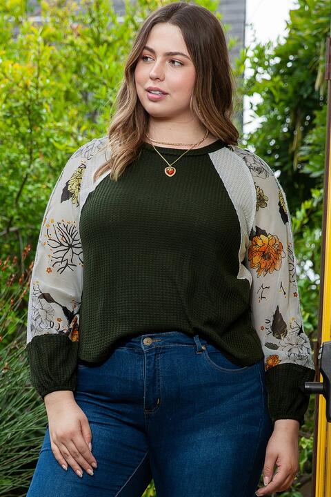 Plus Size Floral Waffle-Knit Round Neck Blouse BLUE ZONE PLANET