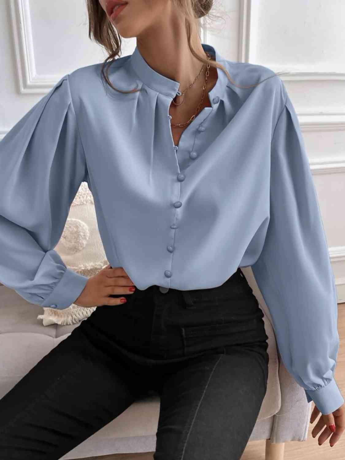 Mock Neck Button Front Shirt BLUE ZONE PLANET