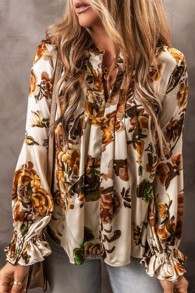 Printed Notched Long Sleeve Blouse-TOPS / DRESSES-[Adult]-[Female]-2022 Online Blue Zone Planet