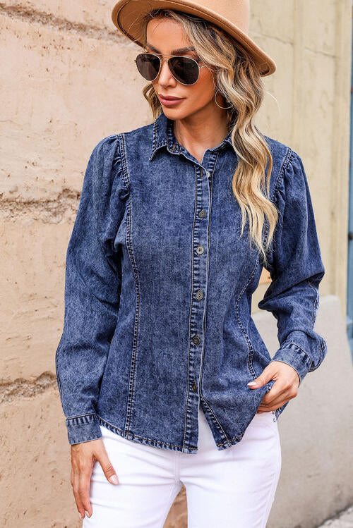 Button Up Collared Neck Denim Top BLUE ZONE PLANET