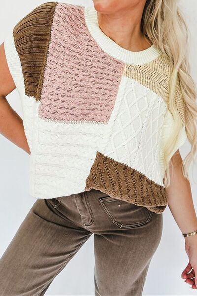 Color Block Cable-Knit Sweater Vest-TOPS / DRESSES-[Adult]-[Female]-White-S-2022 Online Blue Zone Planet