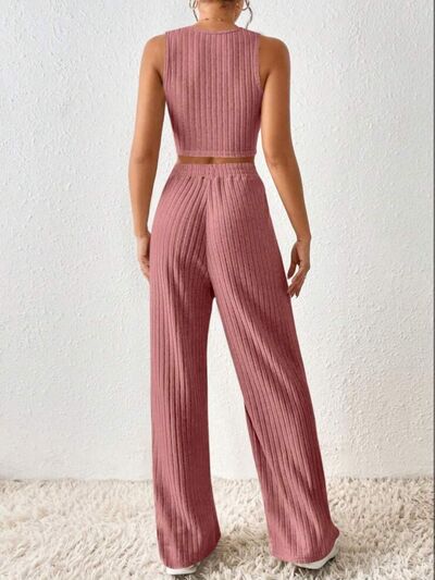 Ribbed Round Neck Tank and Pants Sweater Set Trendsi