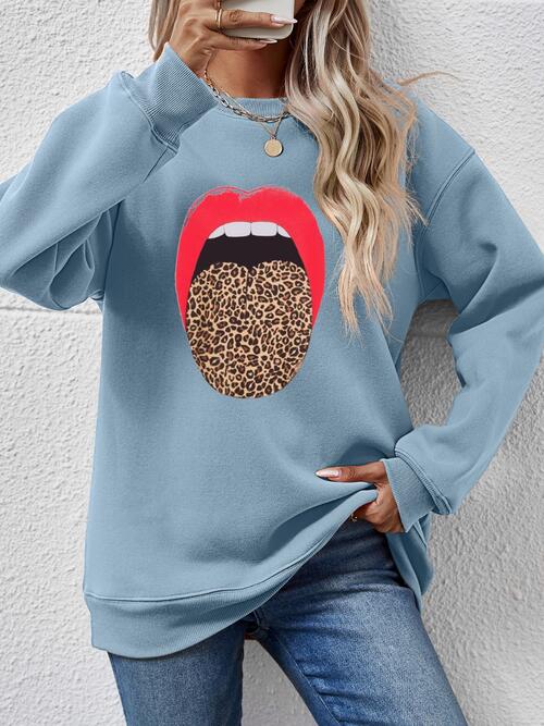 Leopard Lip Graphic Round Neck Sweatshirt BLUE ZONE PLANET