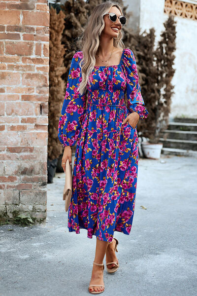 Printed Balloon Sleeve Pocketed Midi Dress-TOPS / DRESSES-[Adult]-[Female]-Magenta-S-2022 Online Blue Zone Planet