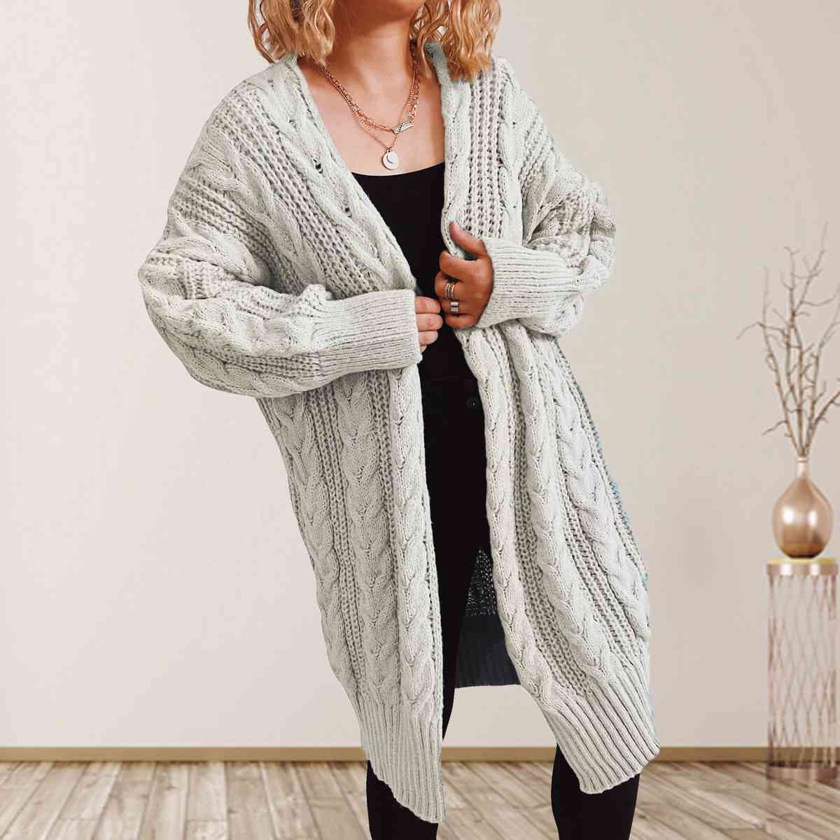 Cable-Knit Open Front Dropped Shoulder Cardigan BLUE ZONE PLANET