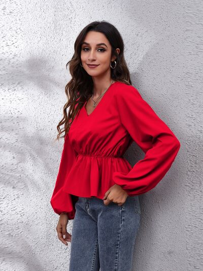 V-Neck Balloon Sleeve Peplum Blouse BLUE ZONE PLANET