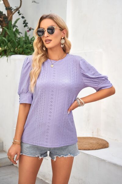 Openwork Round Neck Short Sleeve Blouse Trendsi