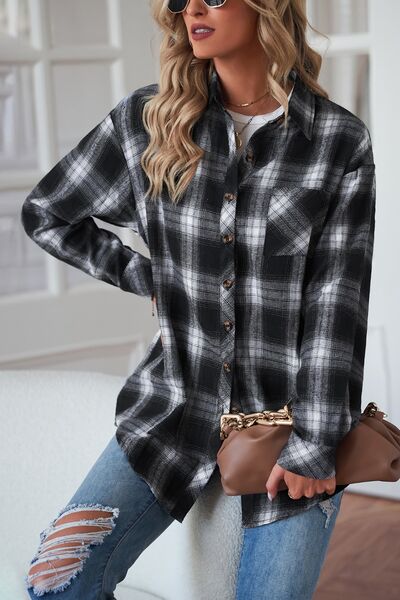 Plaid Button Up Dropped Shoulder Outerwear BLUE ZONE PLANET