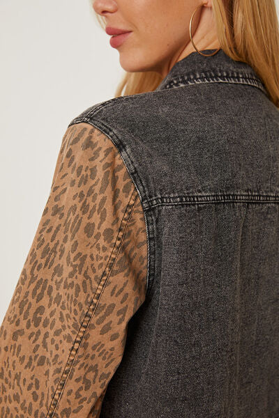 Leopard Raw Hem Pocketed Denim Jacket-TOPS / DRESSES-[Adult]-[Female]-2022 Online Blue Zone Planet