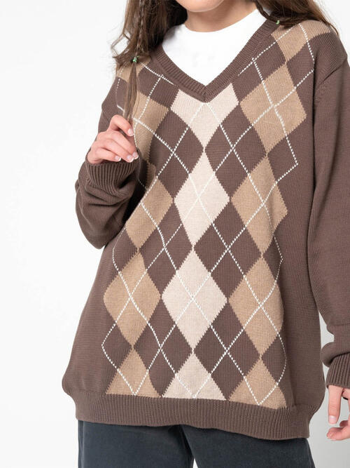 Geometric V-Neck Long Sleeve Sweater BLUE ZONE PLANET