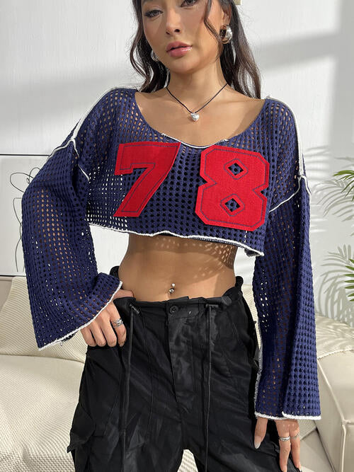 Contrast Patches Long Sleeve Cropped Knit Top BLUE ZONE PLANET