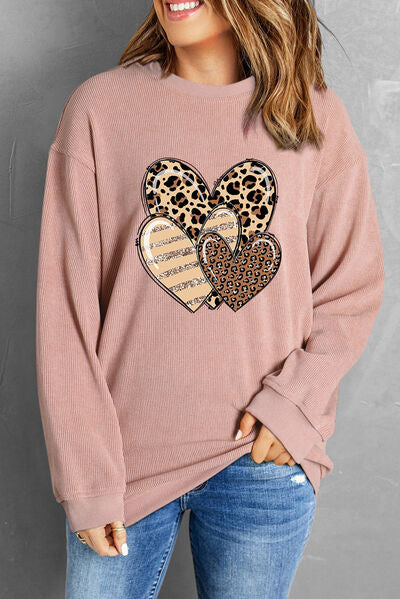 Heart Ribbed Round Neck Sweatshirt BLUE ZONE PLANET