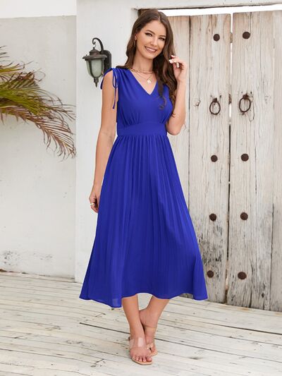 Blue Zone Planet |  Pleated V-Neck Sleeveless Midi Dress BLUE ZONE PLANET