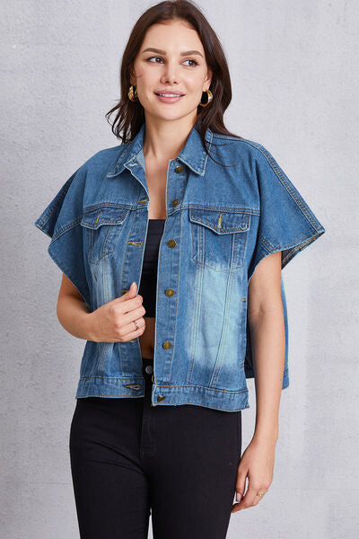 Pocketed Button Up Short Sleeve Denim Top-TOPS / DRESSES-[Adult]-[Female]-Medium-S-2022 Online Blue Zone Planet