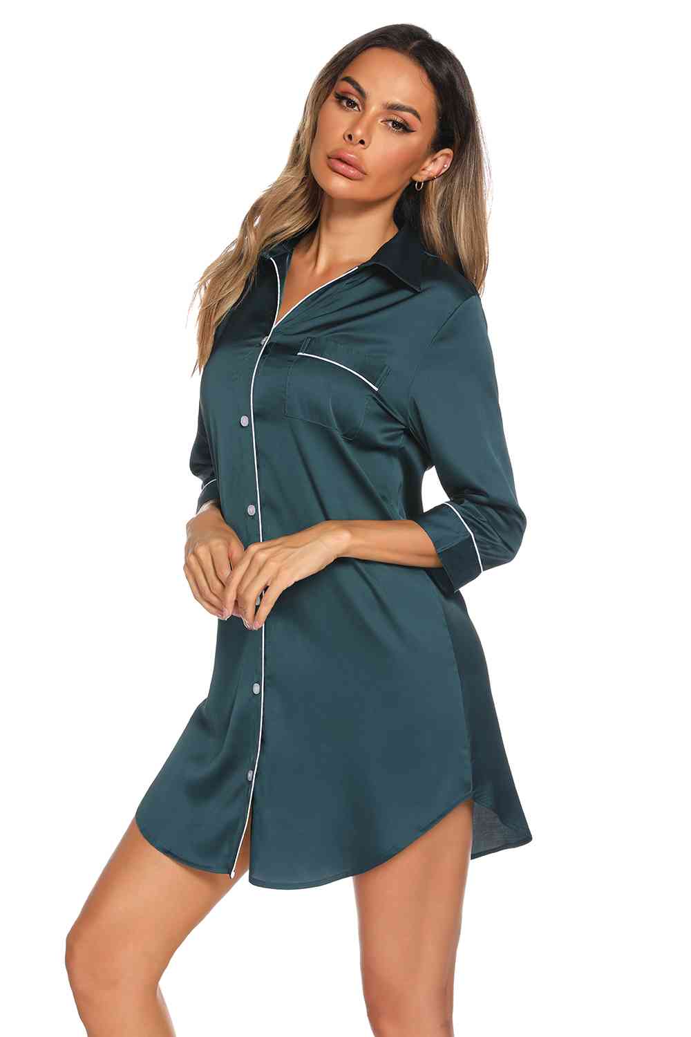 Button Up Collared Neck Night Dress with Pocket BLUE ZONE PLANET