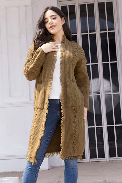 Fringe Trim Open Front Cardigan with Pockets BLUE ZONE PLANET