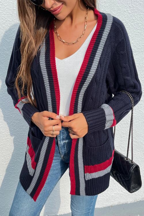 Open Front Striped Long Sleeve Cardigan BLUE ZONE PLANET