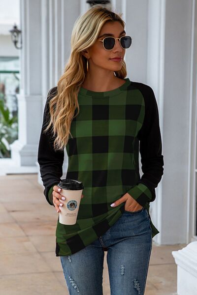 Plaid Round Neck Long Sleeve T-Shirt-TOPS / DRESSES-[Adult]-[Female]-Army Green-S-2022 Online Blue Zone Planet