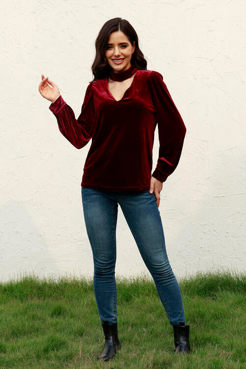 Cutout Puff Sleeve Velvet Blouse BLUE ZONE PLANET