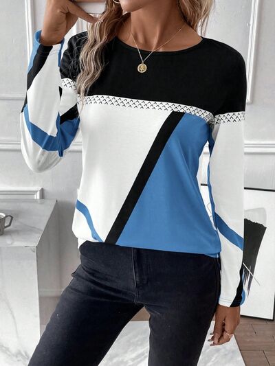 Contrast Round Neck Long Sleeve T-Shirt Trendsi