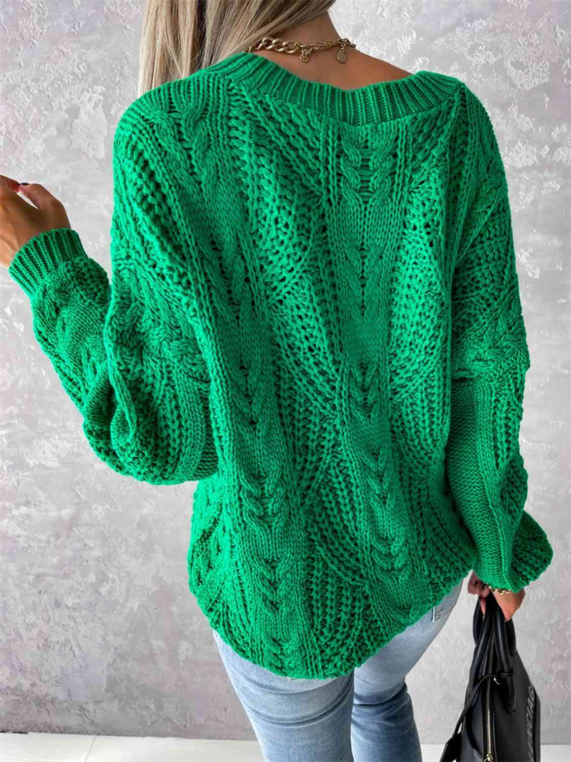 V-Neck Cable-Knit Long Sleeve Sweater BLUE ZONE PLANET