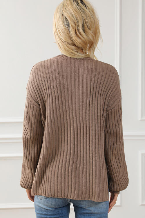 Ribbed Contrast Round Neck Slit Sweater BLUE ZONE PLANET
