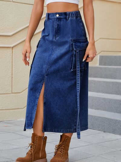 Blue Zone Planet |  Slit Pocketed High Waist Denim Skirt BLUE ZONE PLANET