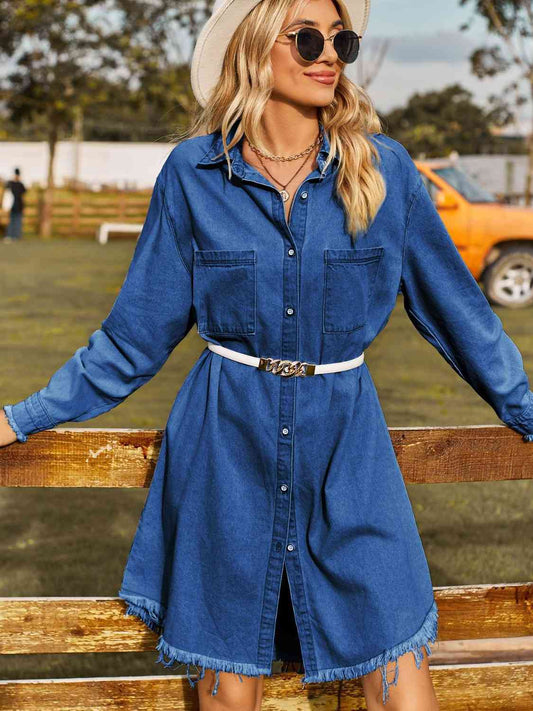 Button Up Collared Neck Raw Hem Denim Dress BLUE ZONE PLANET