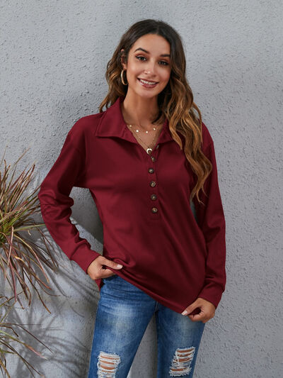 Half Button Dropped Shoulder Blouse Trendsi