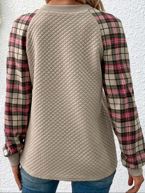 Plaid Round Neck Sweatshirt BLUE ZONE PLANET