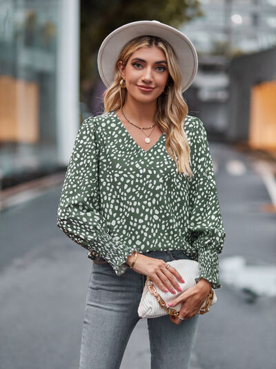 Blue Zone Planet |  Printed V-Neck Lantern Sleeve Blouse BLUE ZONE PLANET