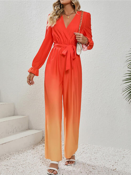 Gradient Tie Front Flounce Sleeve Jumpsuit BLUE ZONE PLANET