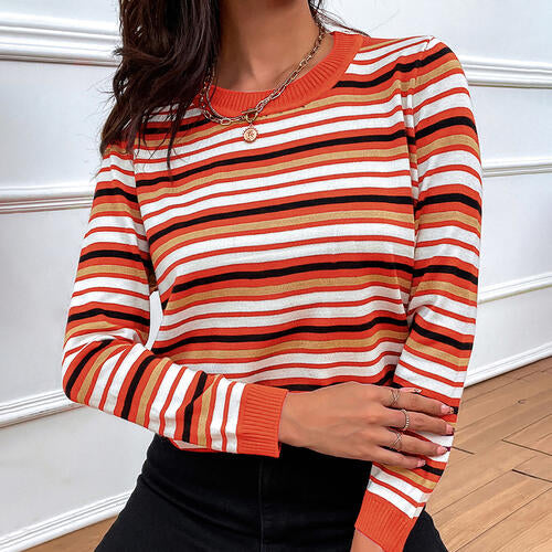 Striped Round Neck Long Sleeve Sweater BLUE ZONE PLANET