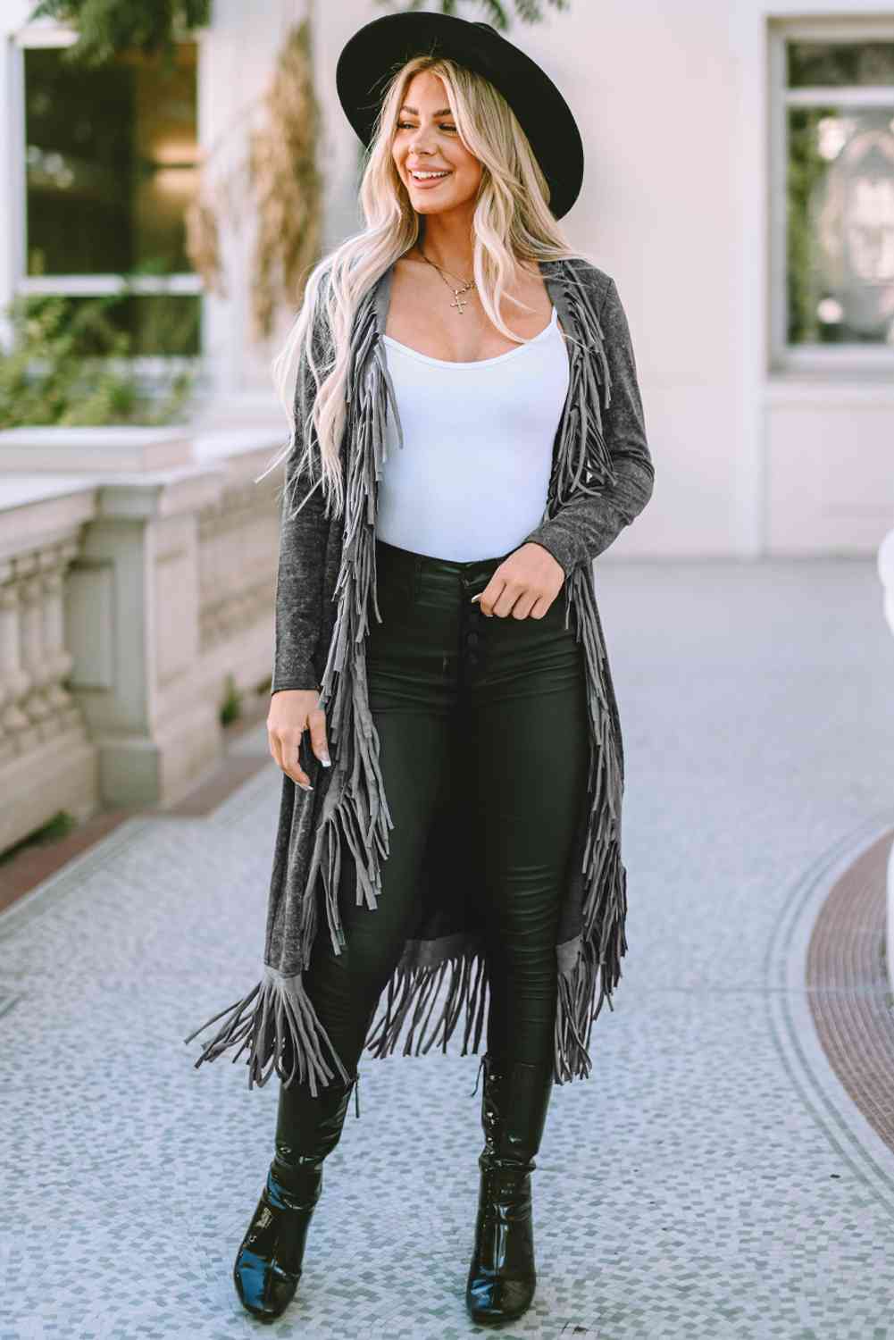 Fringe Detail Long Sleeve Cardigan BLUE ZONE PLANET