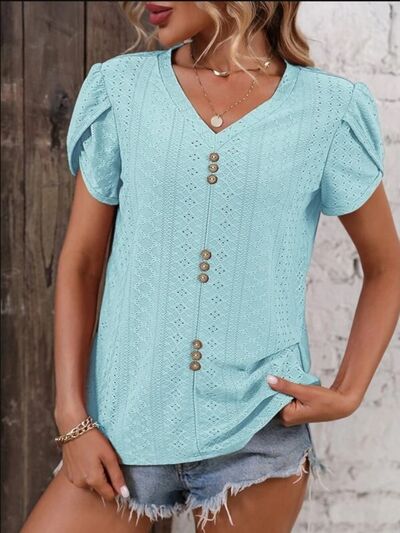 Blue Zone Planet |  Eyelet V-Neck Petal Sleeve T-Shirt BLUE ZONE PLANET