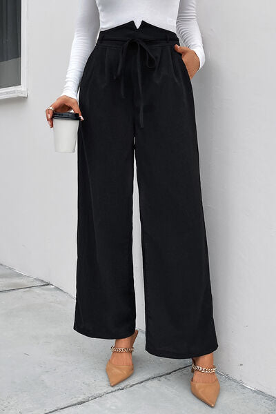 High Waist Ruched Tie Front Wide Leg Pants BLUE ZONE PLANET