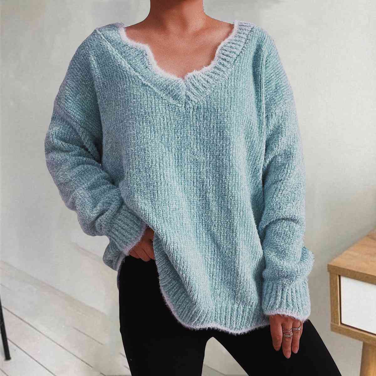 V-Neck Drop Shoulder Long Sleeve Sweater BLUE ZONE PLANET