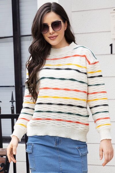 Striped Round Neck Long Sleeve Sweater BLUE ZONE PLANET