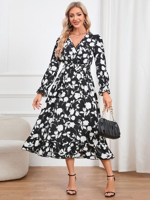 Floral Surplice Flounce Sleeve Ruffle Hem Dress BLUE ZONE PLANET