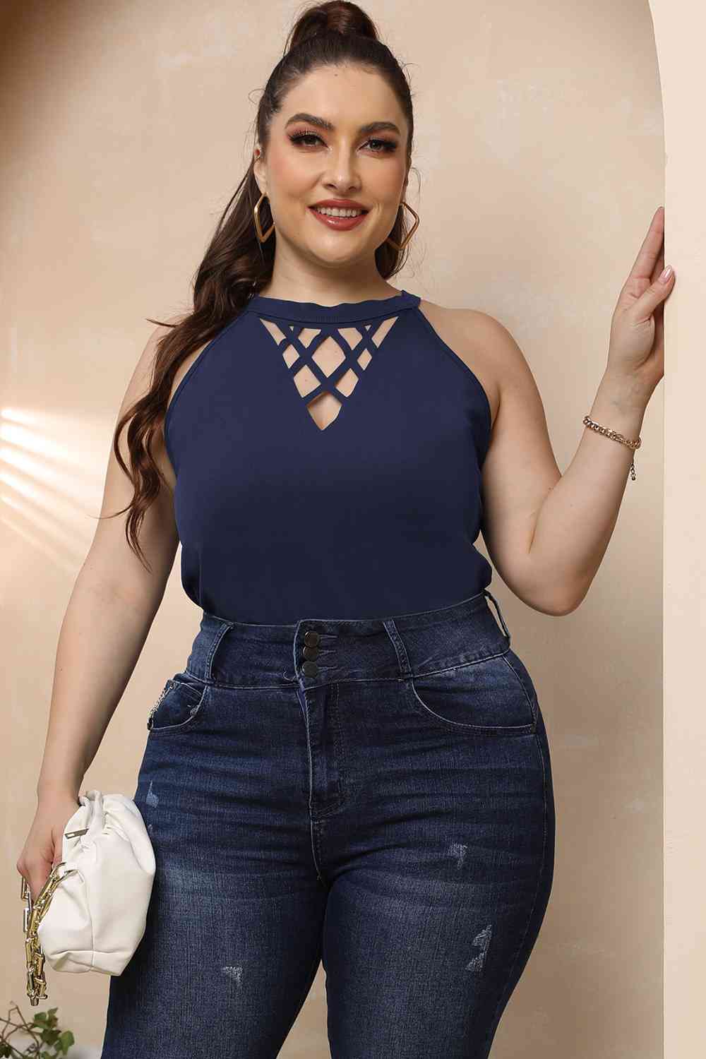 Plus Size Halter Neck Cutout Sleeveless Dress BLUE ZONE PLANET