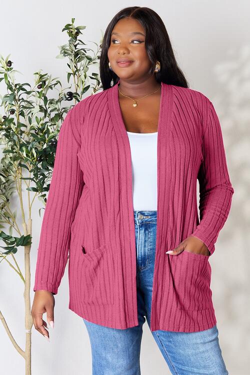 Basic Bae Full Size Ribbed Open Front Cardigan with Pockets BLUE ZONE PLANET