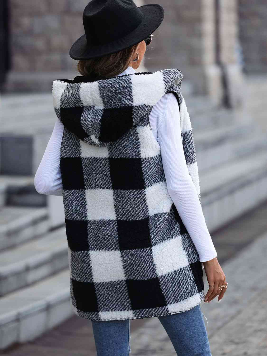 Plaid Hooded Vest with Pockets BLUE ZONE PLANET