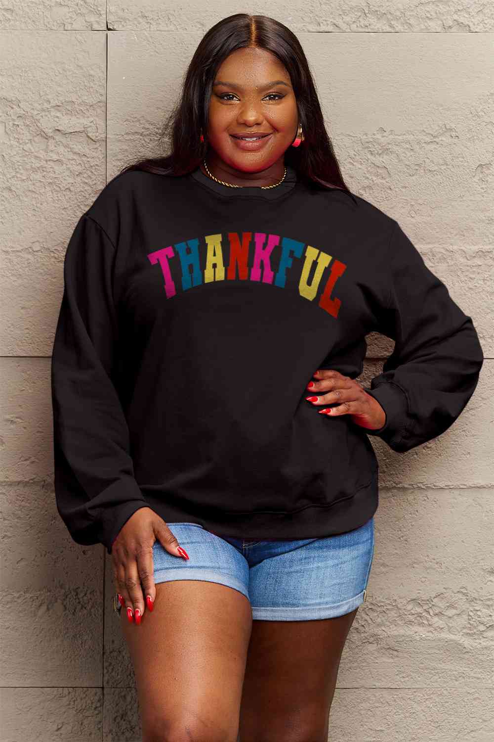 Simply Love Full Size THANKFUL Graphic Sweatshirt BLUE ZONE PLANET