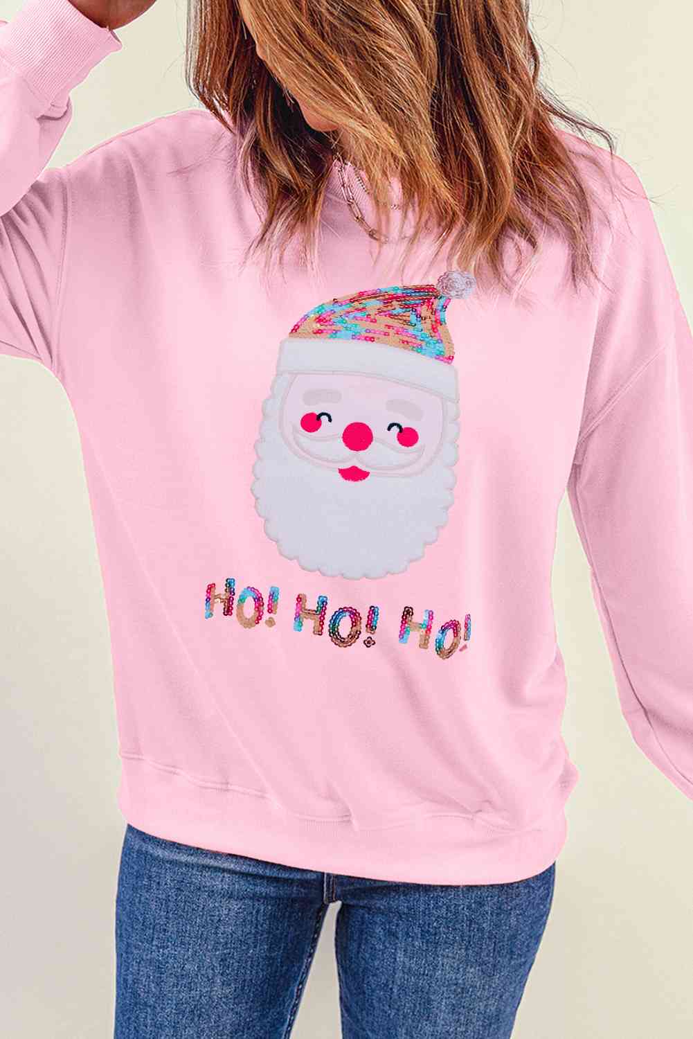 Sequin Santa Graphic Round Neck Sweatshirt BLUE ZONE PLANET