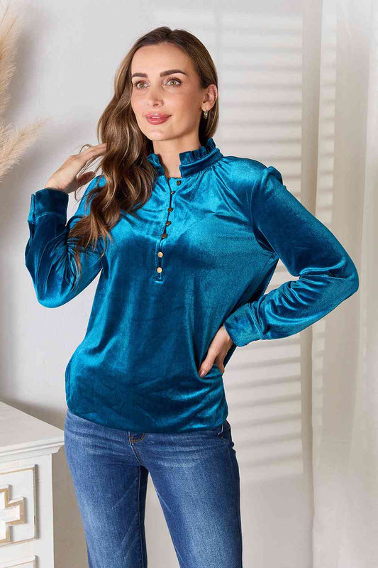 Double Take Notched Neck Buttoned Long Sleeve Blouse BLUE ZONE PLANET