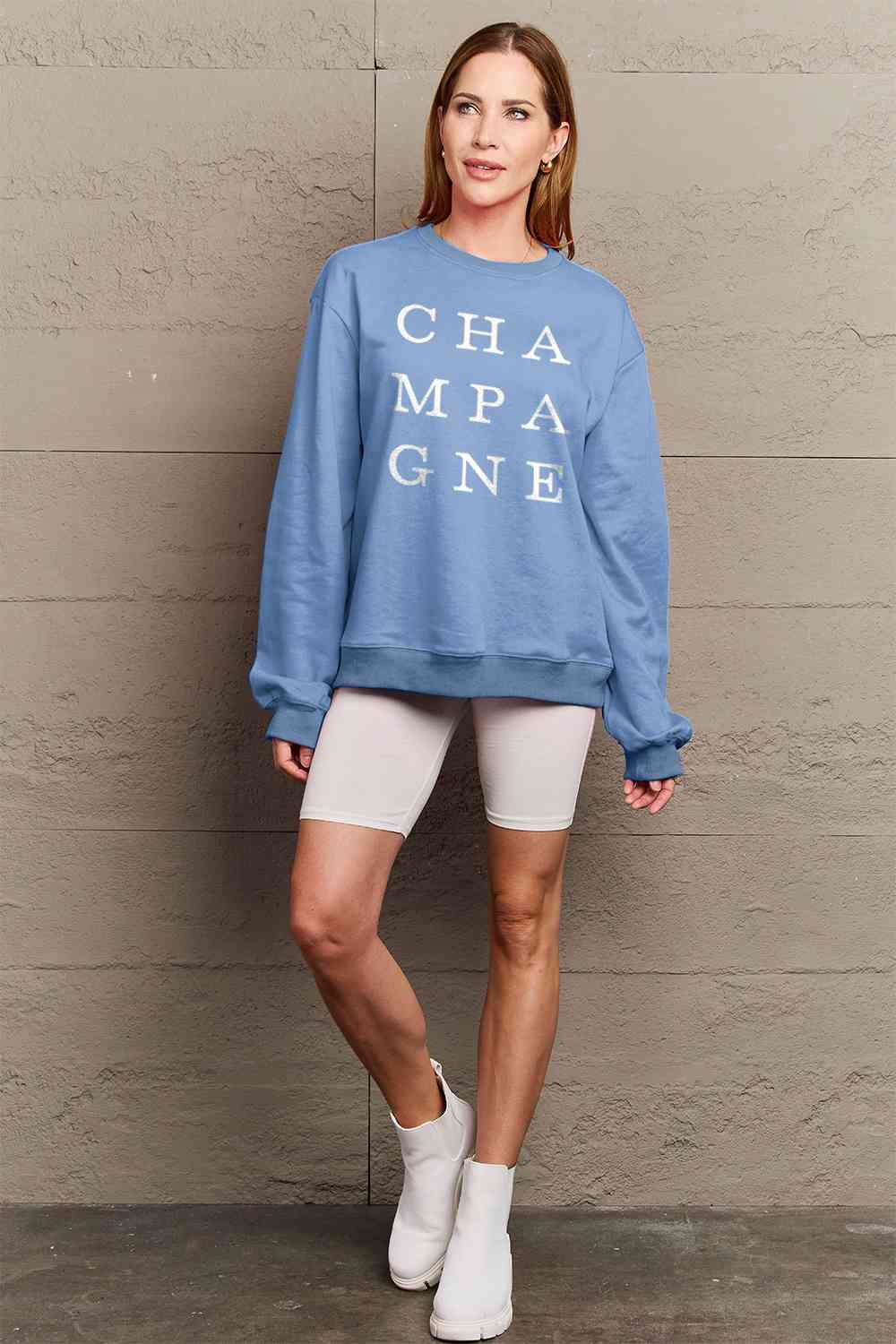 Simply Love Full Size CHAMPAGNE Graphic Long Sleeve Sweatshirt BLUE ZONE PLANET